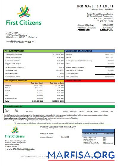 Blank Barbados First Citizens bank mortgage statement scr real example